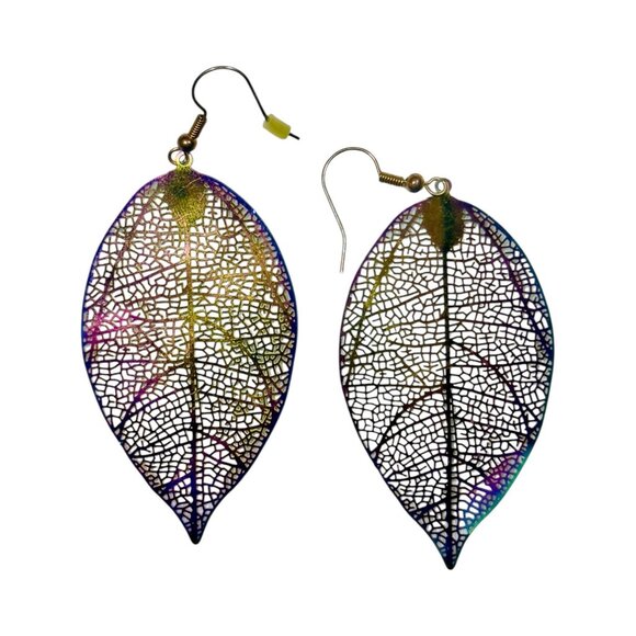 Iridescent Leaf Skeleton Dangle Earrings With Fishhook Closure -Lightweight Boho - Picture 4 of 7
